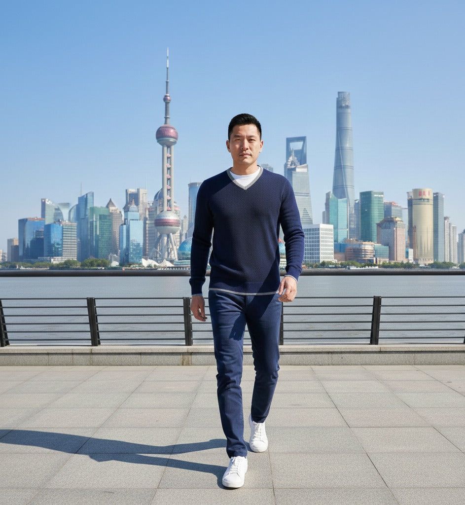 Cashmere V Neck Sweater Neptune with grey contrast