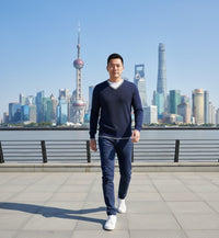 Cashmere V Neck Sweater Neptune with grey contrast