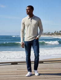 Striped Long Sleeve Polo Shirt Palm Springs Cream