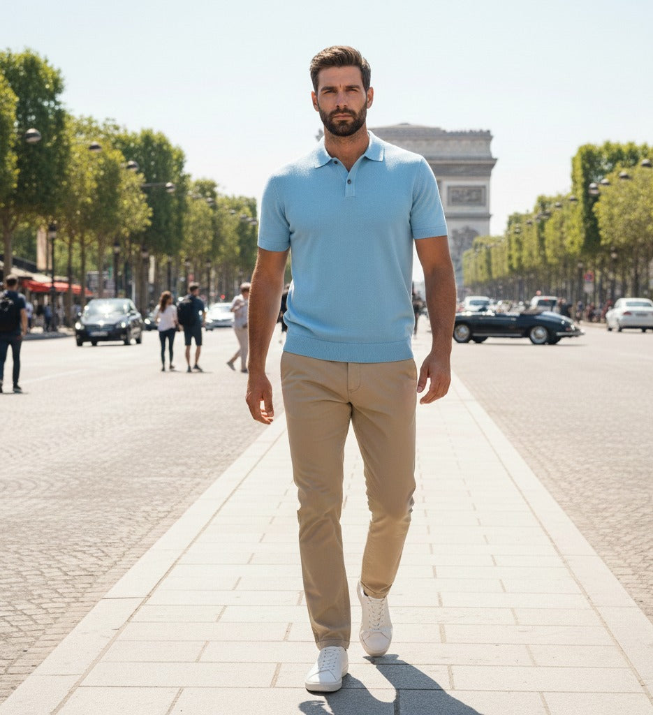 Cotton Cashmere Polo Shirt Cancale in fine pique stitch Light Blue