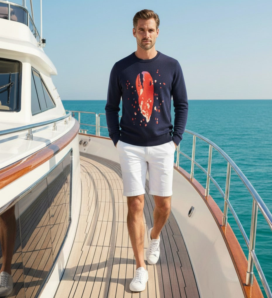 Navy Crew Neck Lobster Claw Intarsia