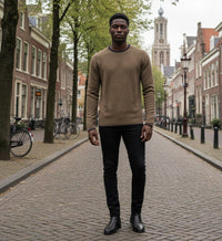 Cashmere Crew Neck Sweater Shuttle in Rice Stitch Camel