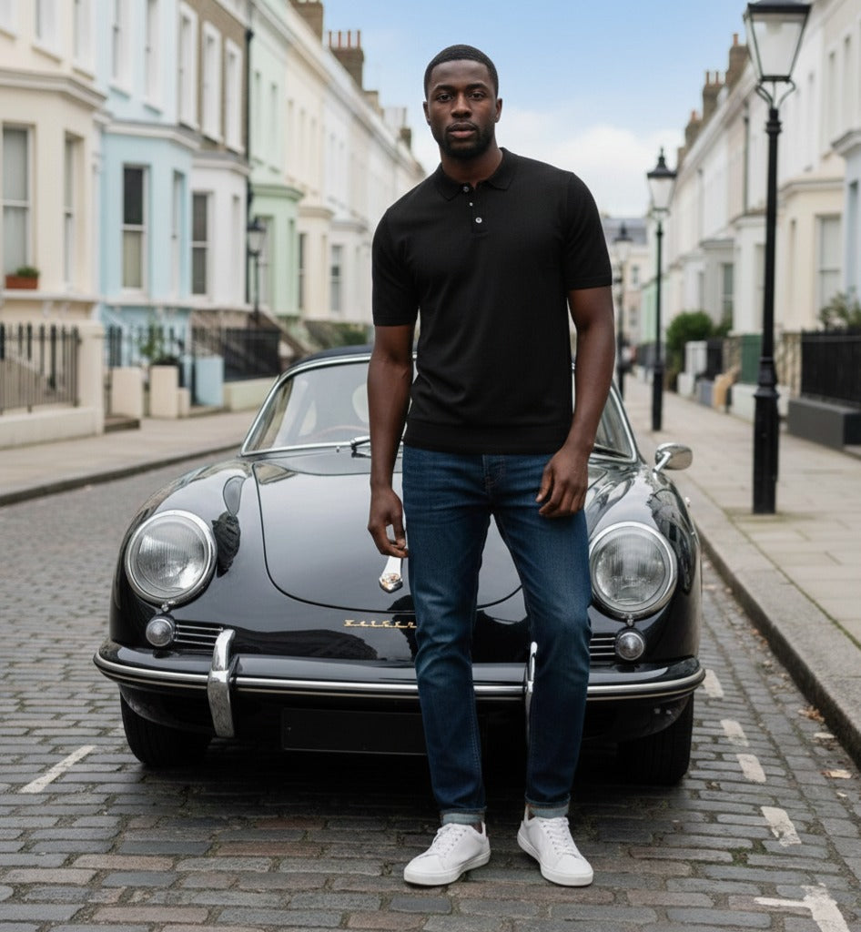 Pure Silk Polo Shirt Nantucket 3 Buttons Black