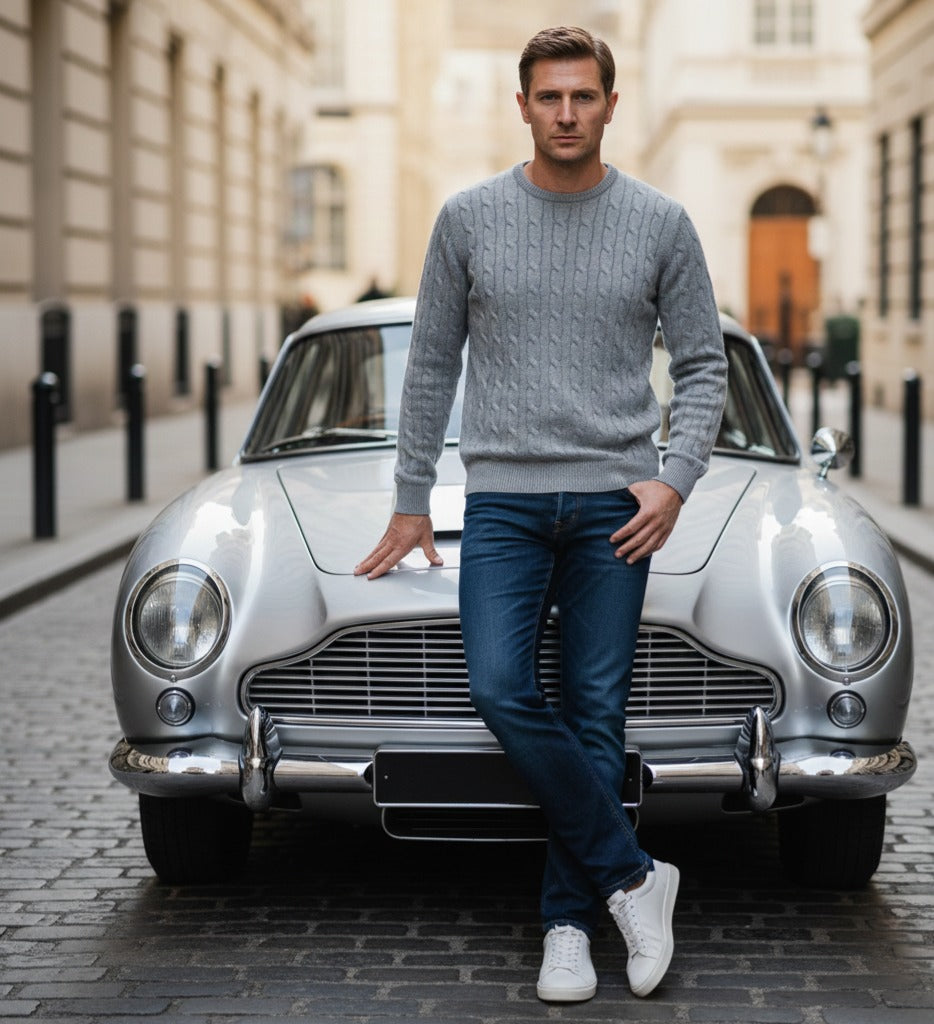 Silver Grey Cashmere Crew Neck Cable Sweater