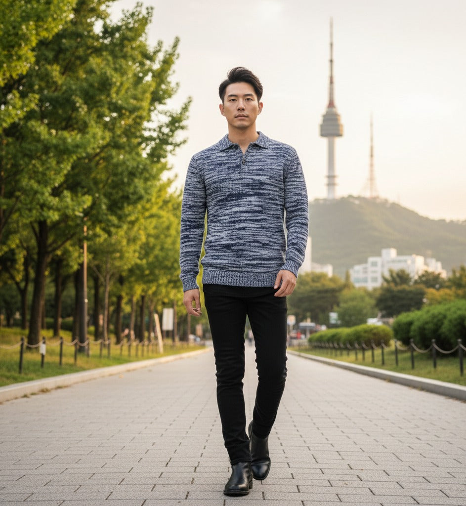 Cashmere Sweater Polo Neck heavy Jersey Melange Navy Grey Stelvio