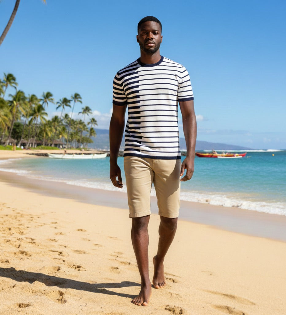 Cotton Ramie Striped Short Sleeve T-Shirt Breton