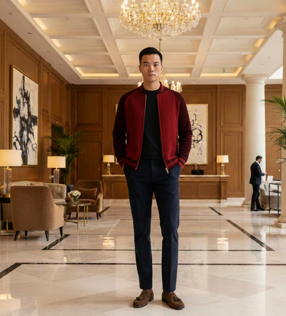 Cashmere Bomber Jacket in Honey comb stitch Toharu Bordeaux Navy