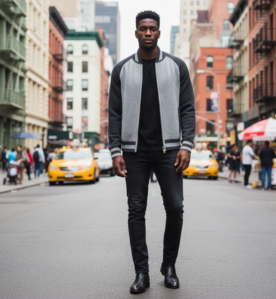 Cashmere Bomber Jacket in Honey comb stitch Toharu Silver Grey Charcoal