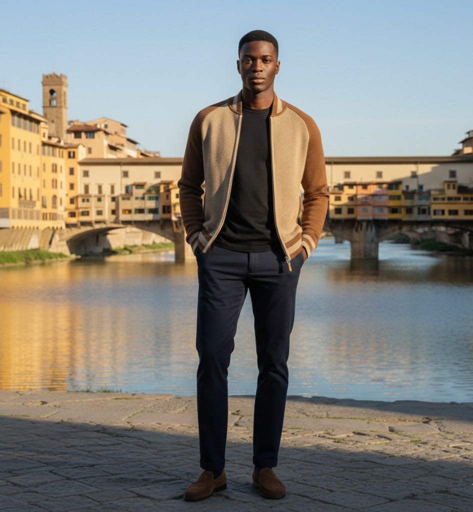 Cashmere Bomber Jacket in Honey comb stitch Toharu Camel Brown