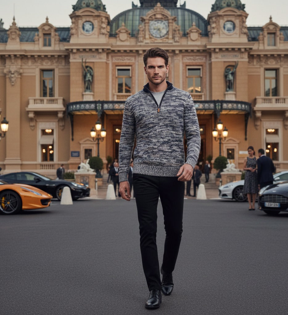 Cashmere Half Zip Sweater in Melange Navy Camel Blue Valcenis