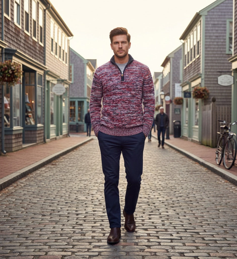 Cashmere Half Zip Sweater in Melange Red Navy White Valcenis