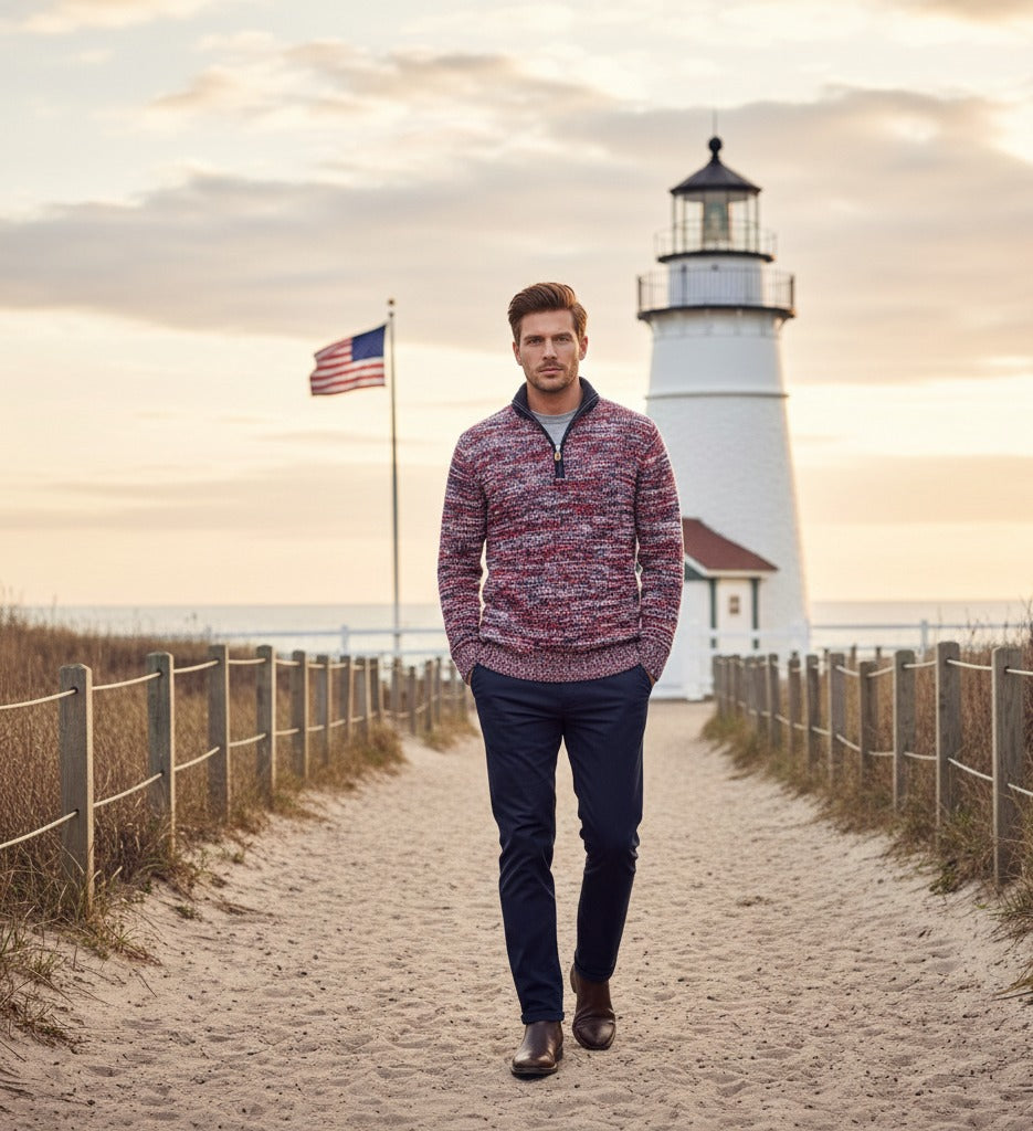 Cashmere Half Zip Sweater in Melange Red Navy White Valcenis