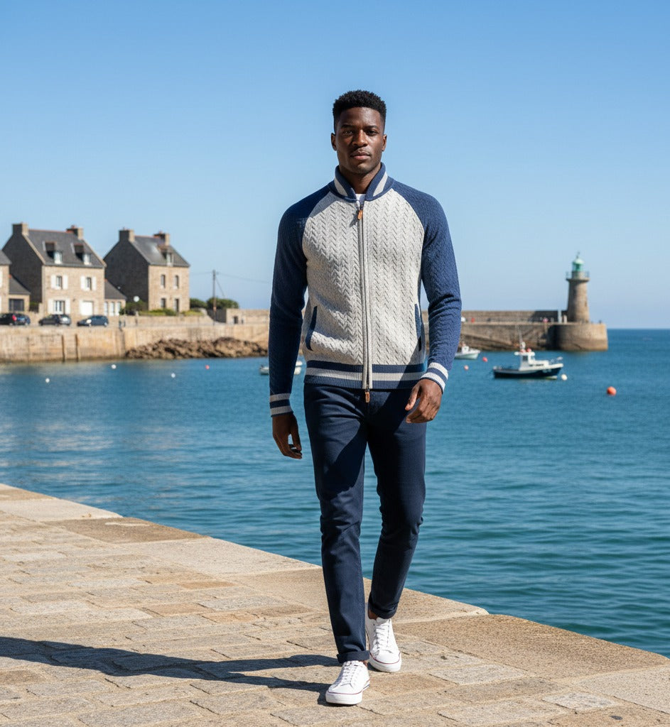 Grey Blue Cashmere Bomber Jacket in Herringbone Stitch Varau – Hommard