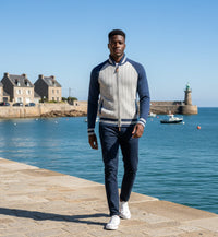 Grey Blue Cashmere Bomber Jacket in Herringbone Stitch Varau