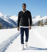 Donegal Black Cashmere 2 button Sweater in heavy seed stitch knit Vence