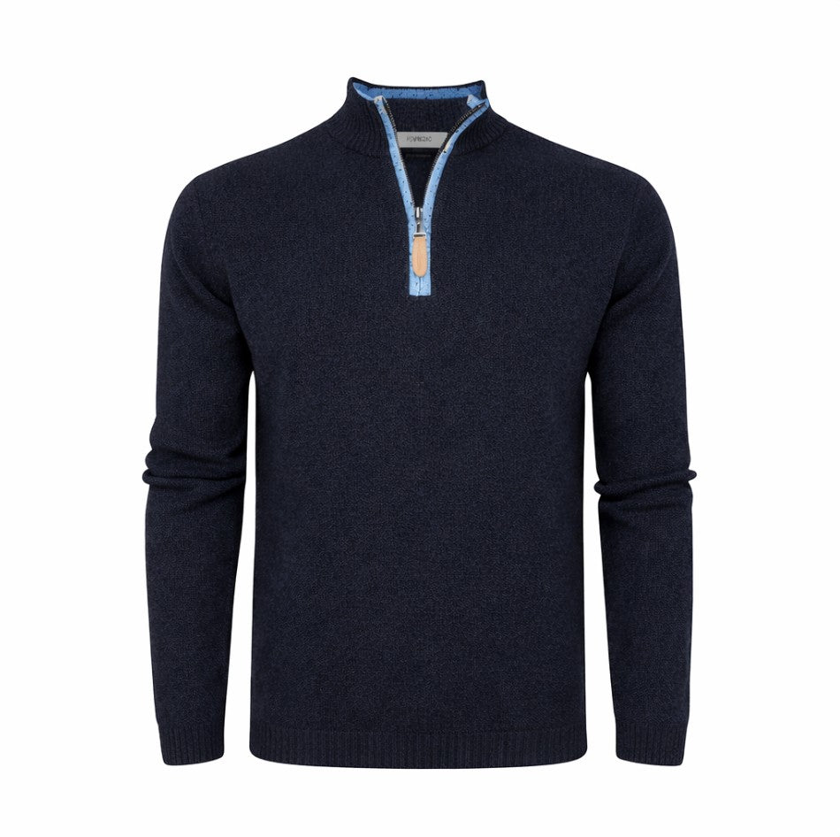 Navy Lt Blue Cashmere Zip Neck Sweater Verbier in pique stitch