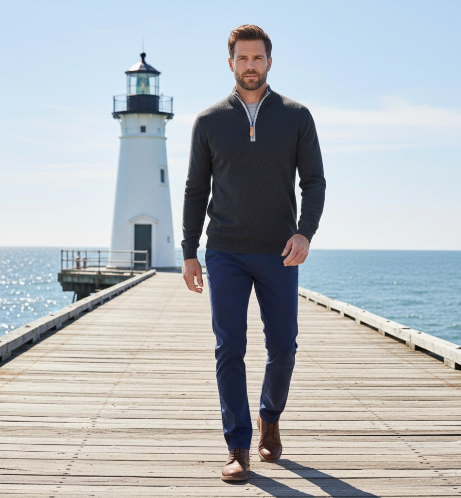 Charcoal Grey Cashmere Zip Neck Sweater Verbier in pique stitch