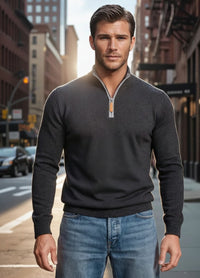 Charcoal Grey Cashmere Zip Neck Sweater Verbier in pique stitch