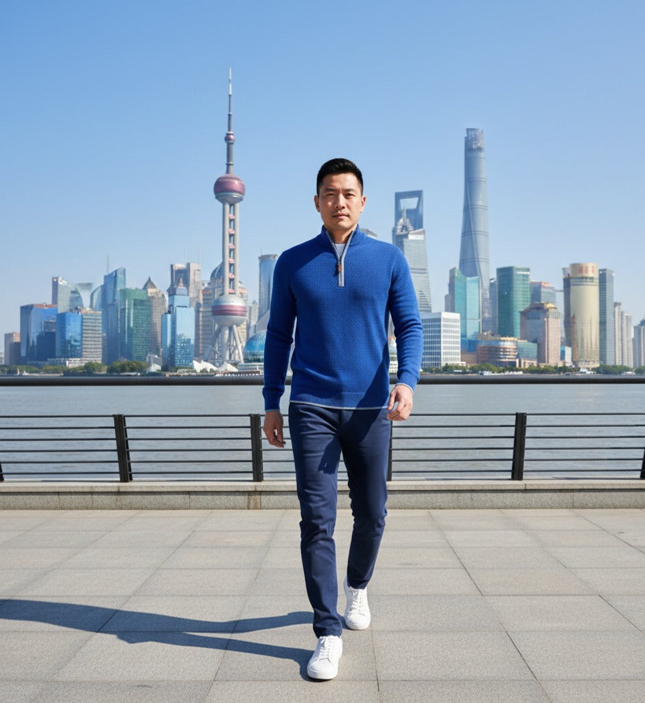 Kobalt Blue Cashmere Zip Neck Sweater Verbier in pique stitch