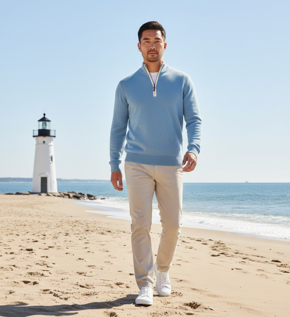 Glacier Blue Cashmere Zip Neck Sweater Verbier in pique stitch