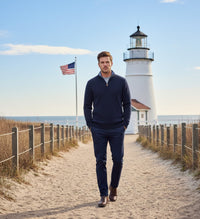 Navy Lt Blue Cashmere Zip Neck Sweater Verbier in pique stitch