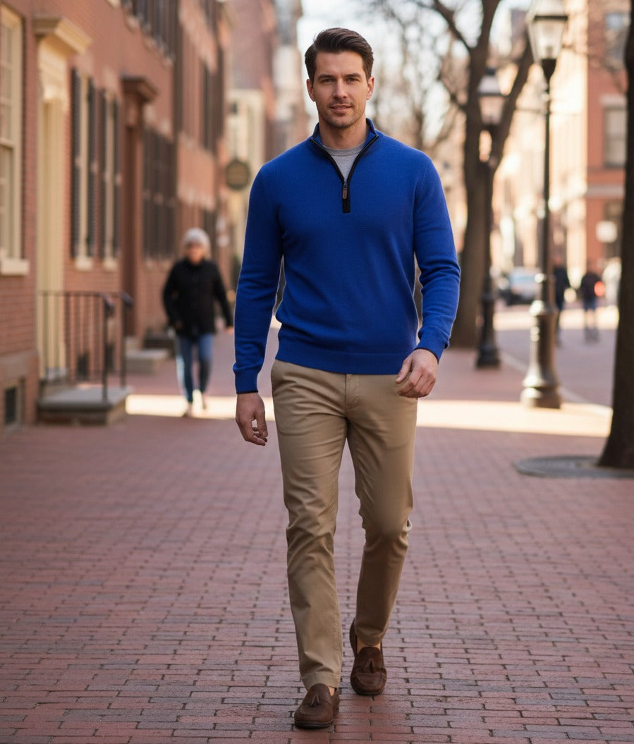 Royal Blue Black Cashmere Zip Neck Sweater Verbier in pique stitch