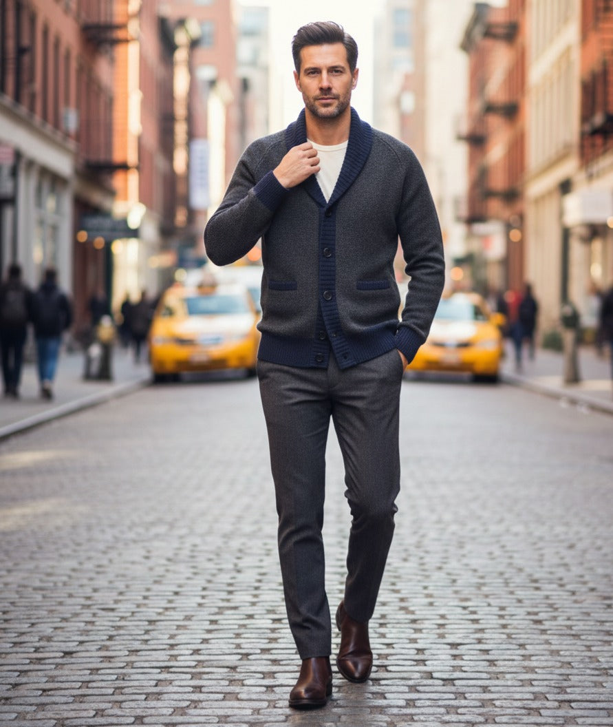 Charcoal Cashmere Cardigan waffle stitch Charcoal Navy