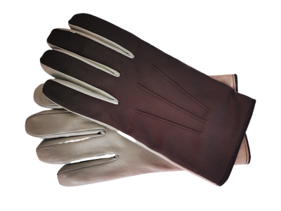 Brown fabric with creme nappa leather gloves on top