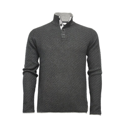 Men´s Cashmere Sweater Button Neck Andromeda in Carbon Stitch Hunting Green - Hommard