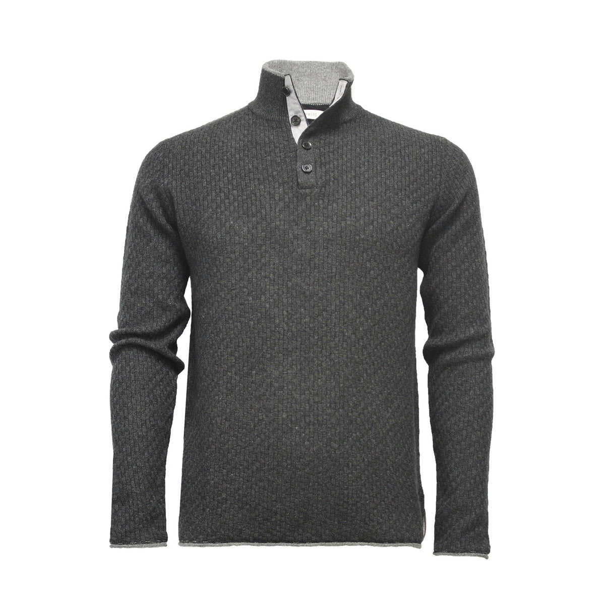 Men´s Cashmere Sweater Button Neck Andromeda in Carbon Stitch Mid Grey - Hommard