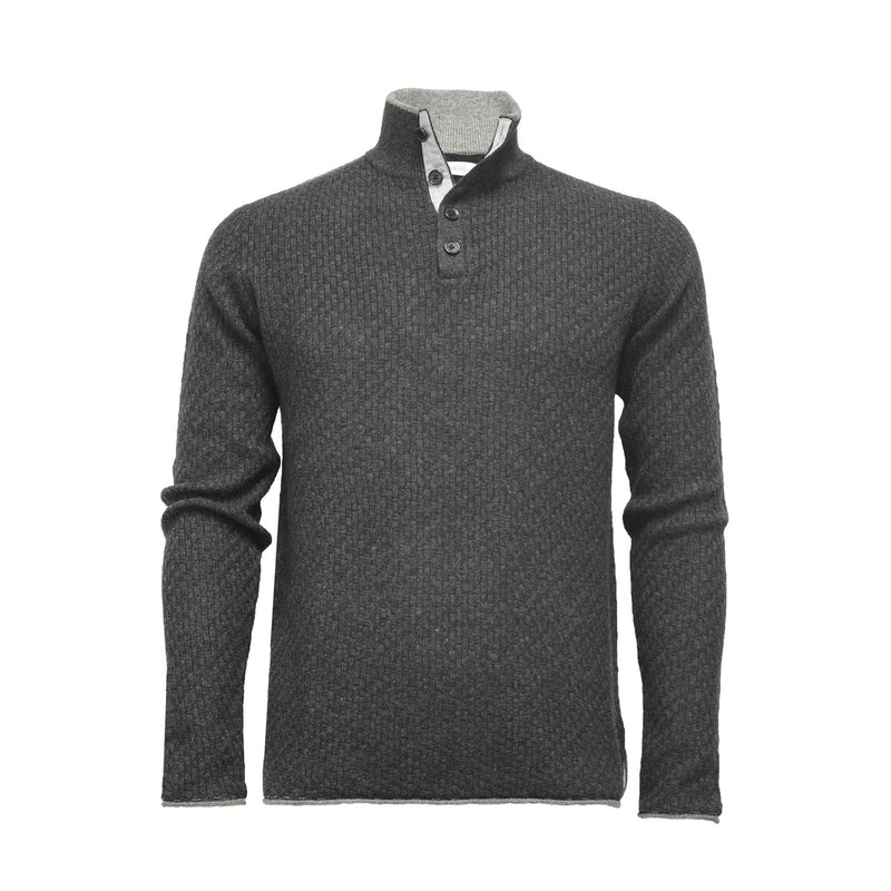 Men´s Cashmere Sweater Button Neck Andromeda in Carbon Stitch Mid Grey - Hommard