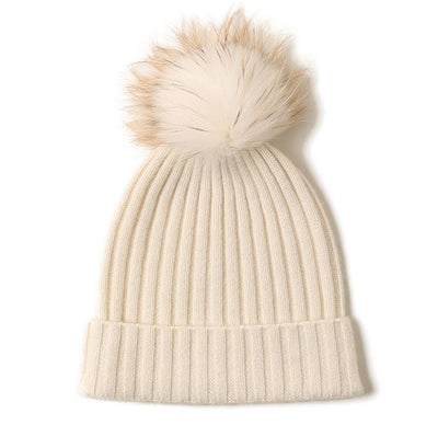 Cashmere Ribbed Beanie with Eco PomPom Mont Blanc Woolwhite