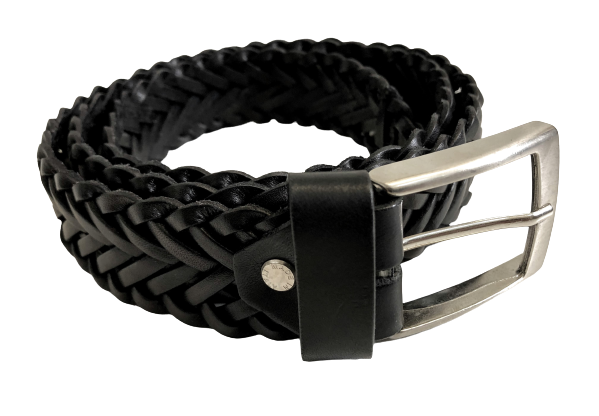 Black Leather woven belt rolled 