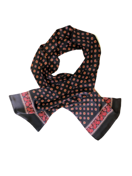 Silk Scarf Black Red Paisley Flower