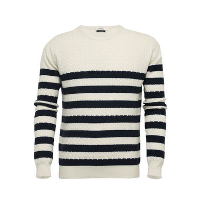 Men´s Cashmere Sweater Striped Cable Crew Neck in Silk Cashmere - Hommard