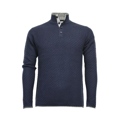 Men´s Cashmere Sweater Button Neck Andromeda in Carbon Stitch Rockpool Blue - Hommard