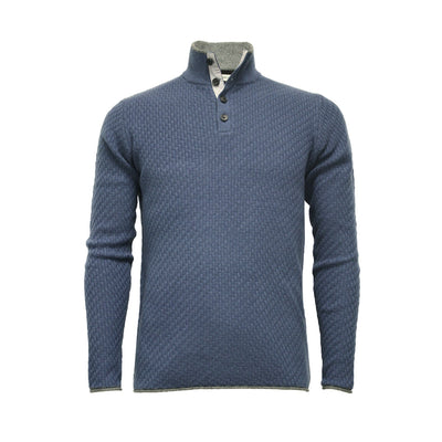 Men´s Cashmere Sweater Button Neck Andromeda in Carbon Stitch Indigo - Hommard