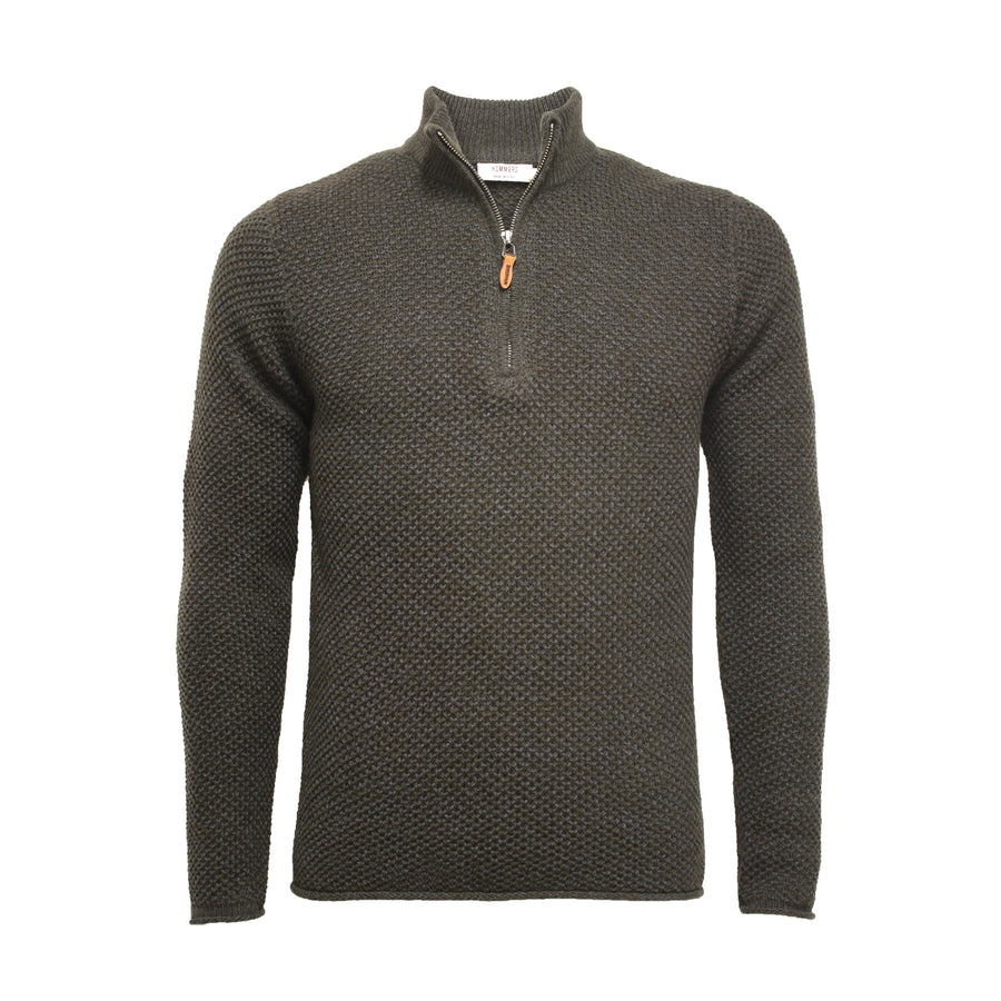 Brown Cashmere Half Zip Sweater in Full Cable knit Neil - Hommard