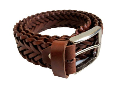 Woven leather belt light brown rolled