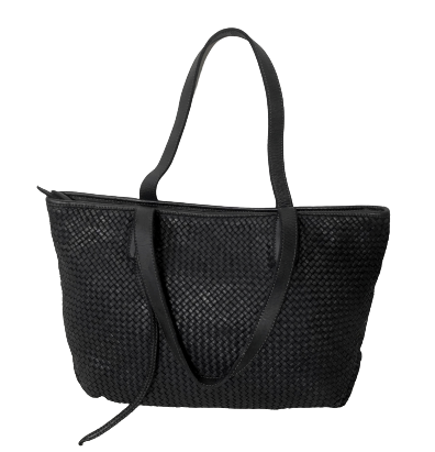 Black Woven Leather Tote Bag front