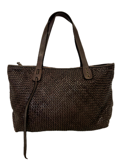 Dark Brown Woven Leather Tote Bag - Hommard